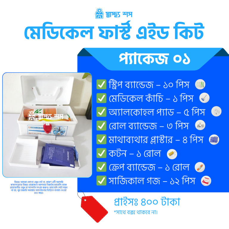 Basic first aid pack with bandages, cotton, gauze and essential medical supplies for home use Title: